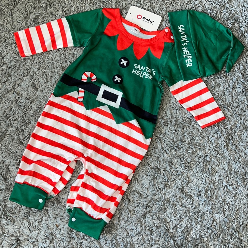 NWT Santa’s Helper Green, Red, White, Black jumpsuit size 3-6m